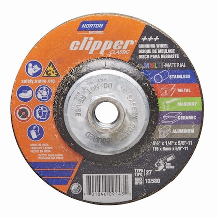Norton Abrasives Norton Clipper 4-1/2 in. D X 5/8-11 in. Classic Grinding Wheel 70184609143